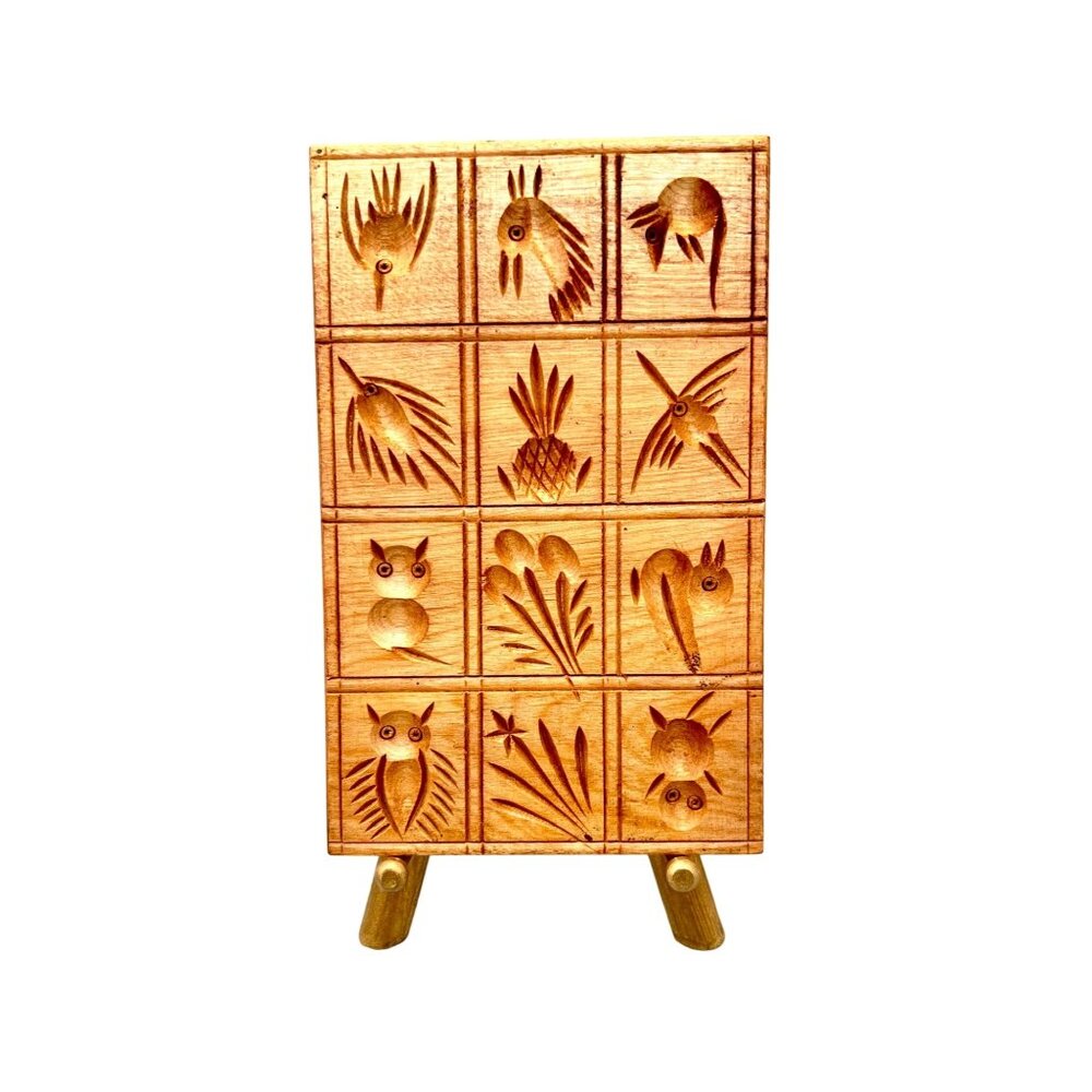 Vintage Wooden Springerle Hand Carved Cookie Butter Mold Owl Birds Flowers Fish
